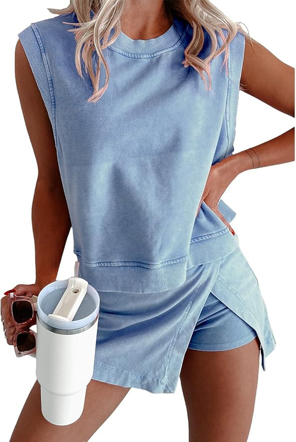 Ecosunny Women's Summer 2 Piece Sets Sweatsuits Casual Crewneck Sleeveless Matching Sets Trendy S... | Amazon (US)