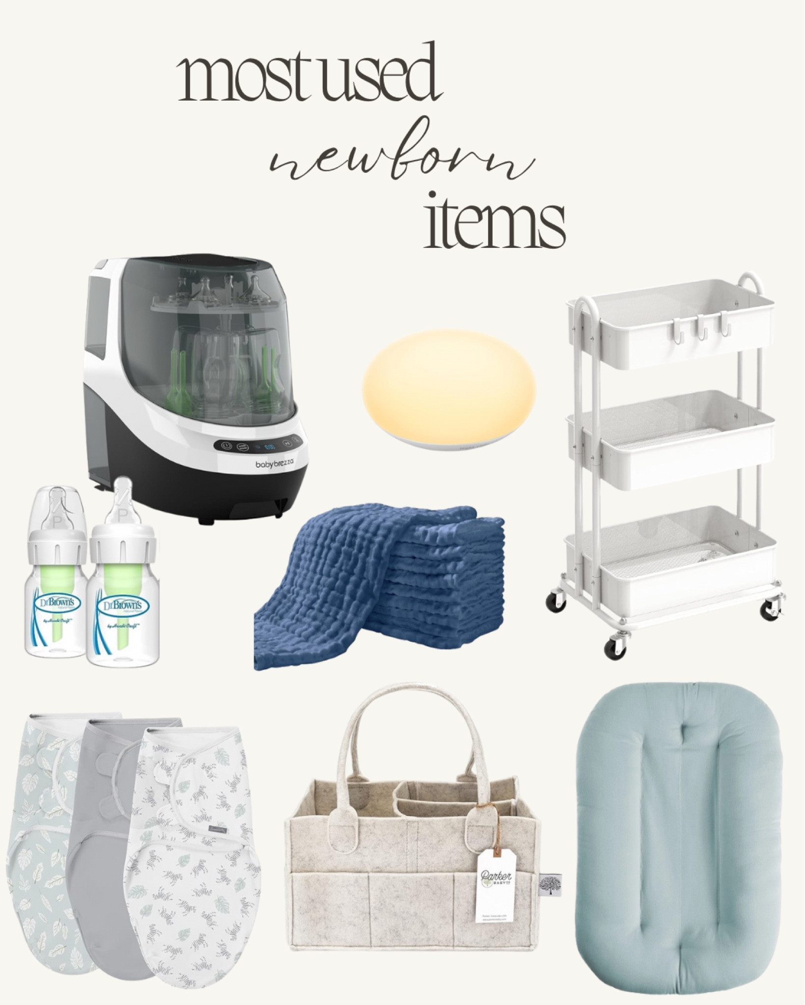 Some of my most used items for my newborn baby. 
A bottle washer/dryer/sterilizer is a huge time-saver and gets used 3-5x a day. 

Burp cloths! Can’t have too many.

Love the egg light - we have two! One in the nursery and one in our room.

The rolling cart is great for bringing room to room and keeping things organized. 

SwaddleMe swaddles are quick and easy to use. 

The diaper caddy holds a ton of stuff and keeps things easy to find. 

Love the snuggle me to have baby with us - always use supervised. 

#newbornmusthaves #newbornessentials #babymusthaves #newmom 

#LTKFamily #LTKFindsUnder50 #LTKBaby