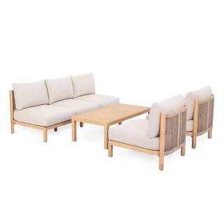 Light Teak Acacia Wood 4 Piece Patio Conversation Set with Beige Cushion for Porch, Garden, Backyard | The Home Depot