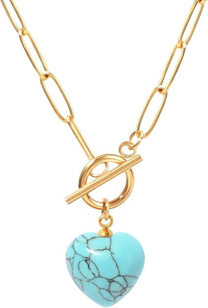 Gold Paperclip Toggle Necklace Natural Stone/Emerald Cut Birthstone Pendant Paper Clip Chain Neck... | Amazon (US)