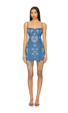 Leslie Amon x REVOLVE Lace Up Denim Mini Dress in Blue from Revolve.com | Revolve Clothing (Global)