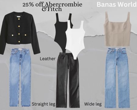 Abercrombie & Fitch Labor Day weekend sale! 25% off. Tweed black jacket, straight leg jeans high waisted, black and white. Icy suit, black leather pants wide leg, beige Croat square top, and wide leg high waisted pants. Casual chic style great for fall, back to school, office wear, and for teachers 

#LTKsalealert #LTKSale #LTKunder100