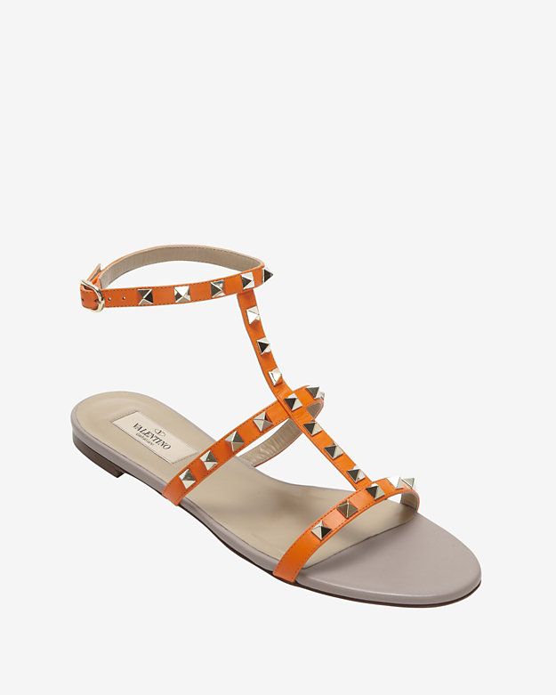 Valentino Rockstud Gladiator Flat Sandal: Orange | Intermix
