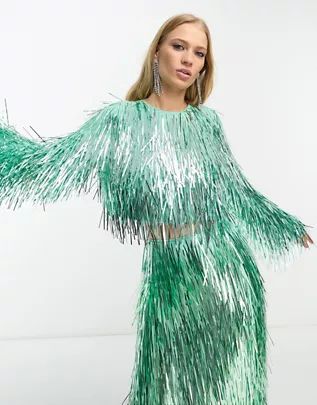 ASOS EDITION metallic fringe crop top and skirt set in green | ASOS (Global)