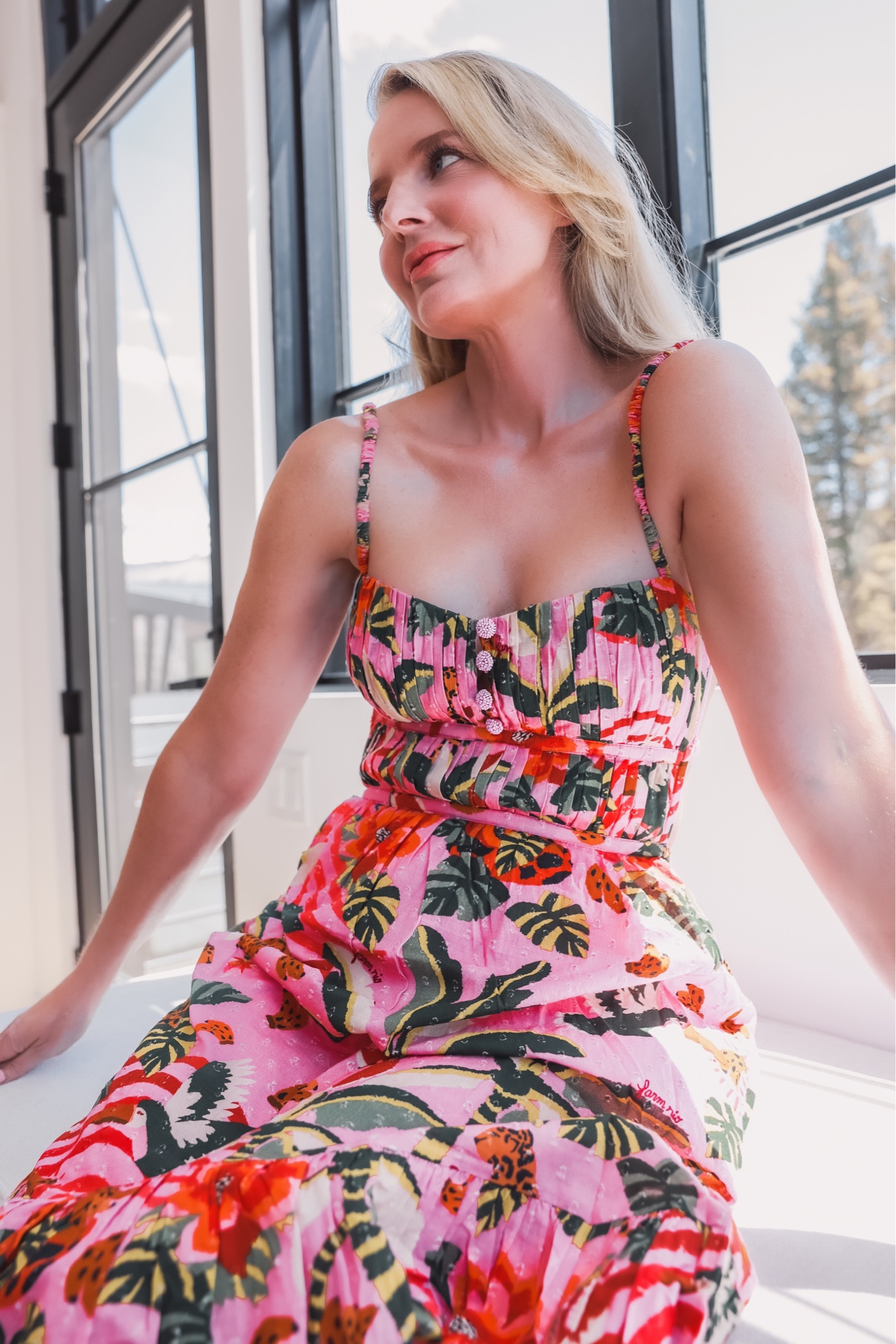 strapless open back dress Pink Leopard Forest Midi Dress – FARM Rio