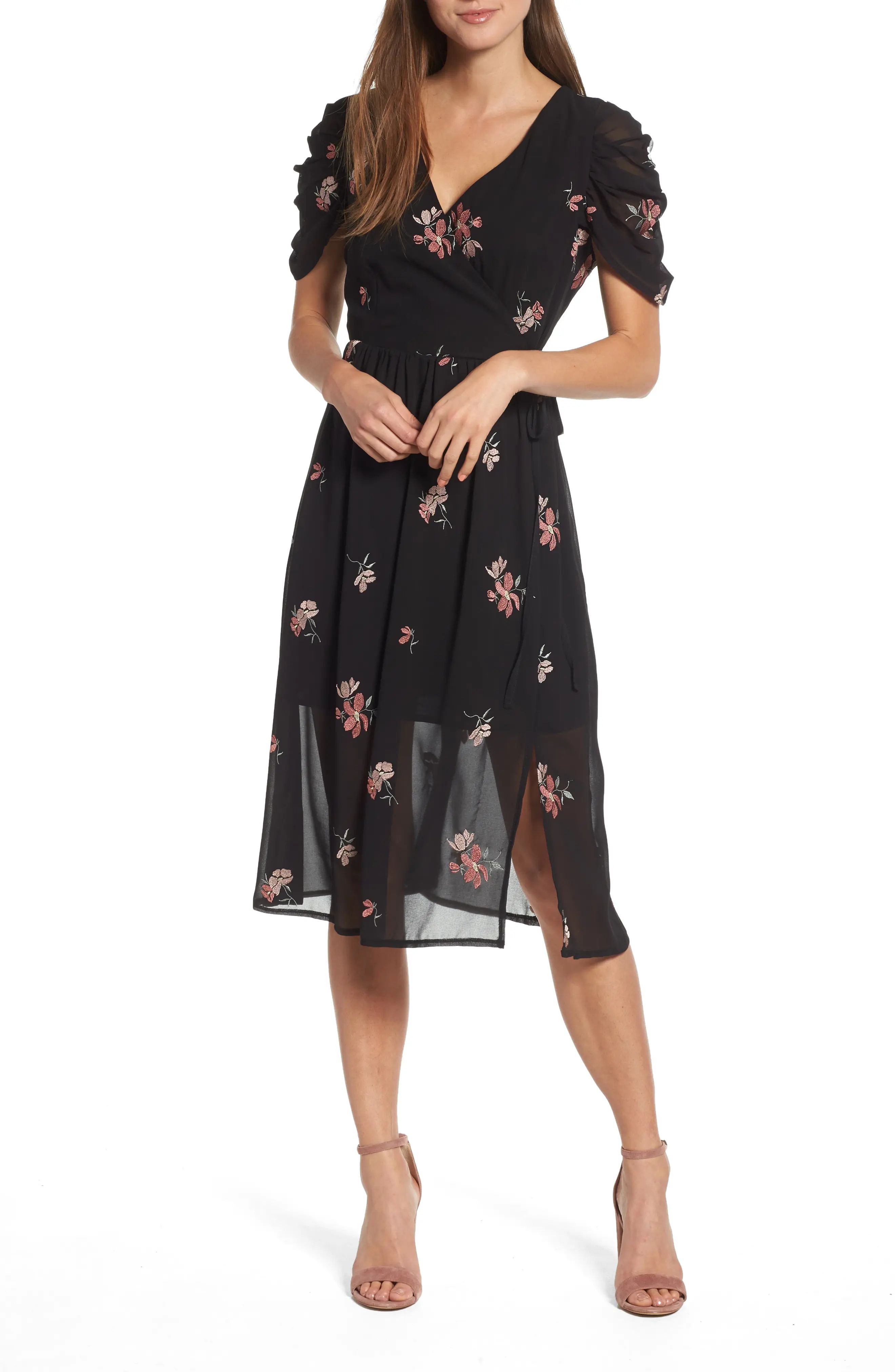 LOST INK Floral Embroidered Wrap Midi Dress | Nordstrom