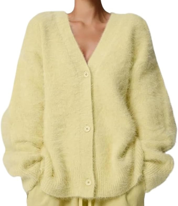 Womens Fuzzy Sweaters Cardigan V-Neck Button Down Oversized Mohair Sweater Casual Y2k 2026 Fall W... | Amazon (US)
