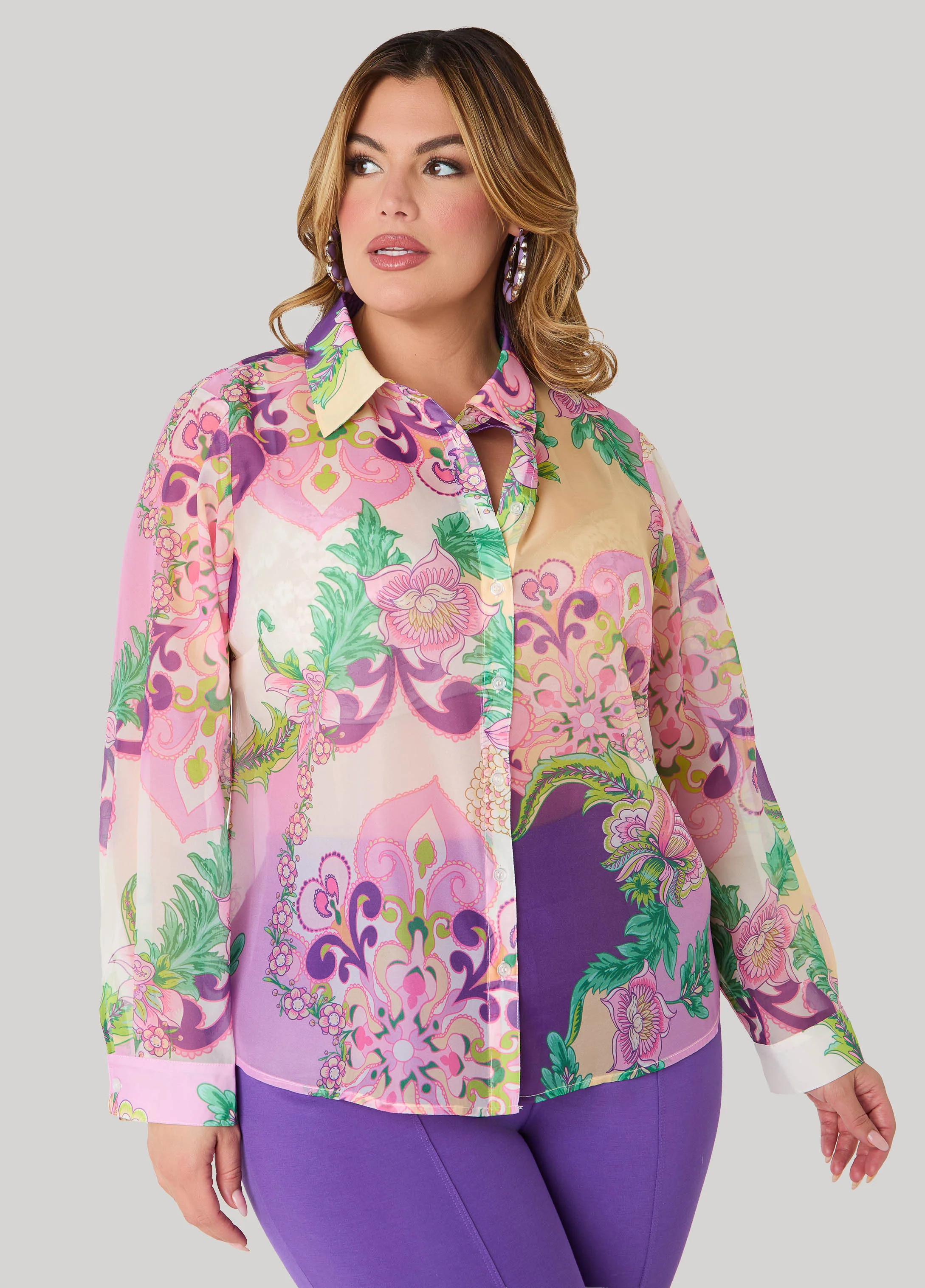 Floral Print Organza Shirt | Ashley Stewart