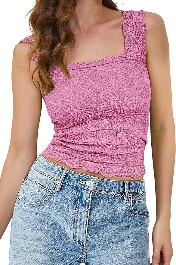 MISSACTIVER Women Square Neck Wide Straps Crop Tank Tops Casual Floral Sleeveless Lettuce Trim Sl... | Amazon (US)