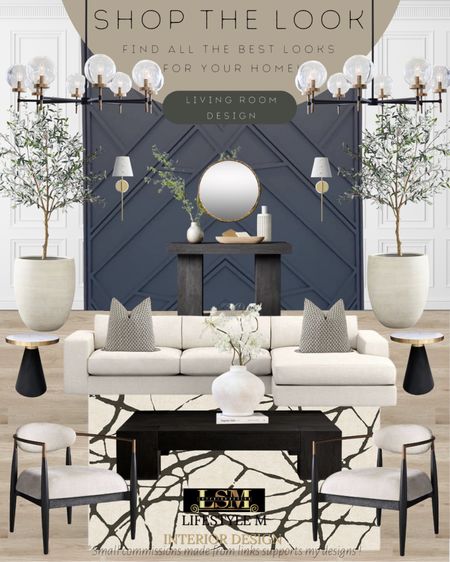 Transitional, modern farmhouse ideas. Black rectangle coffee table, black round end table, black upholstered accent chair, white stripped rug, white sectional sofa, throw pillow, white vase, decor book, white terracotta tree planter pot, realistic faux fake tree, round mirror, wall sconce light, modern chandelier, black console table.

#LTKFind #LTKstyletip #LTKhome