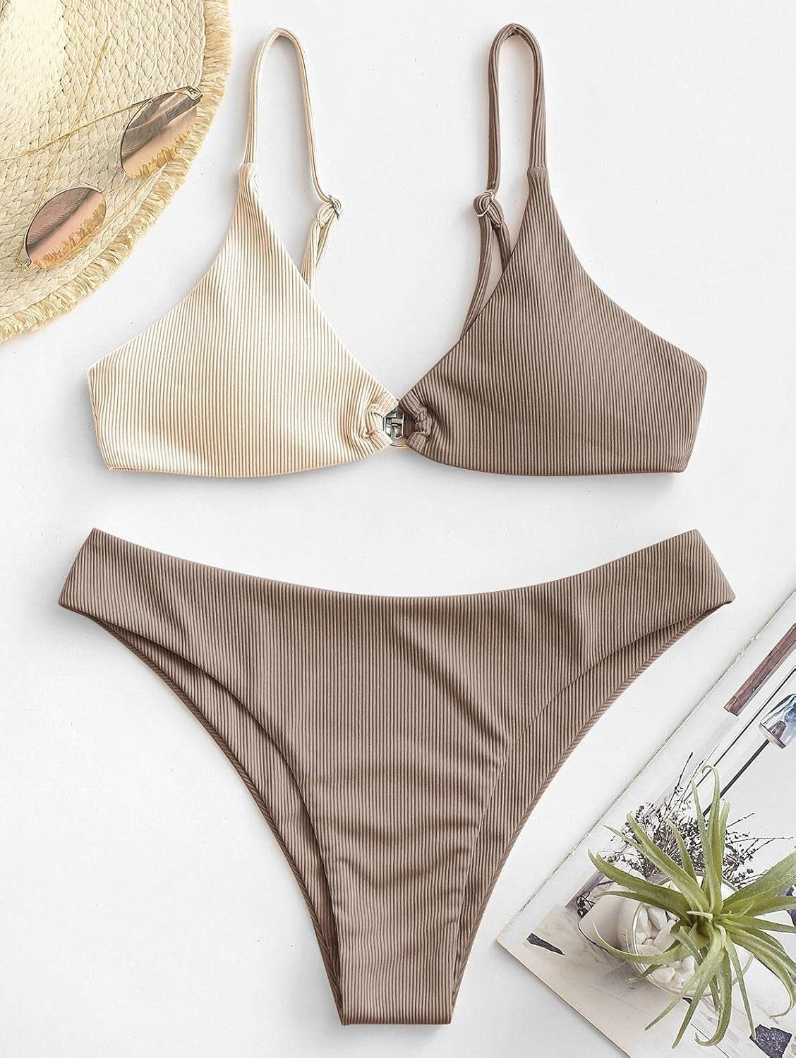 ZAFUL Women's Ribbed O-Ring String Bikini Swimsuit Cheeky Thong Swimwear Two Pieces Bathing Suit | Amazon (US)