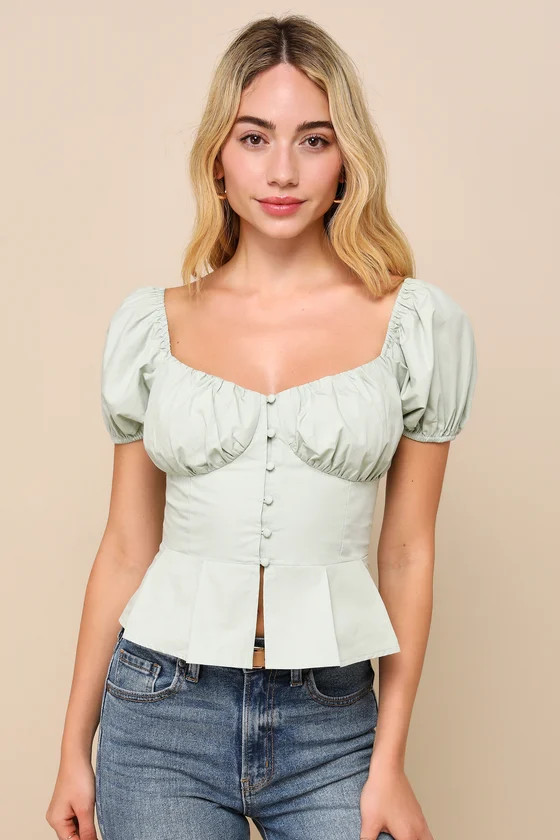 Admirable Poise Sage Green Button-Up Puff Sleeve Peplum Top | Lulus