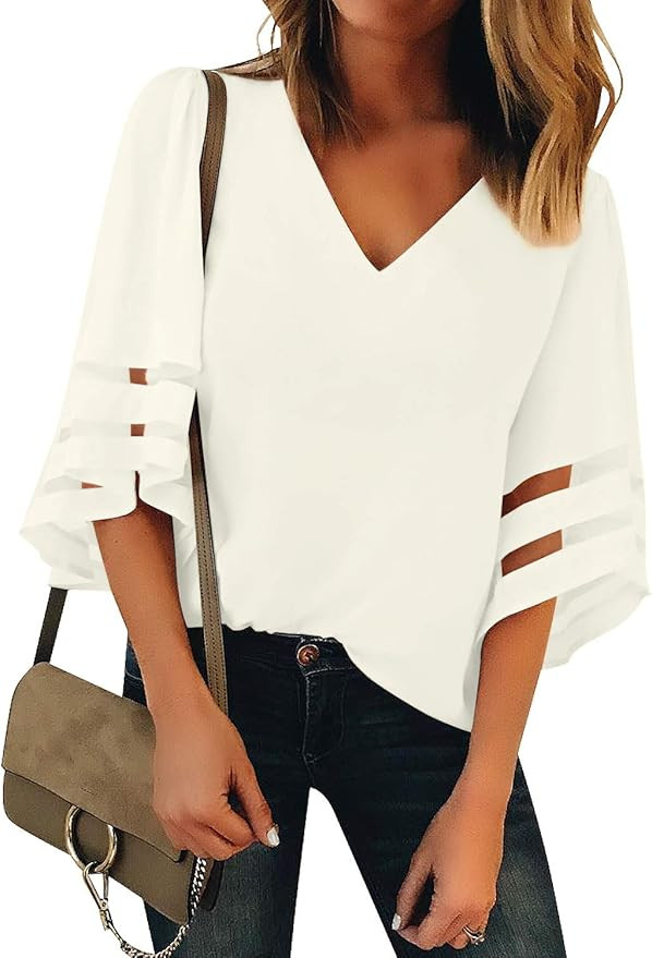 luvamia Women's Casual V Neck Blouse 3/4 Bell Sleeve Mesh Panel Shirts Loose Top | Amazon (US)