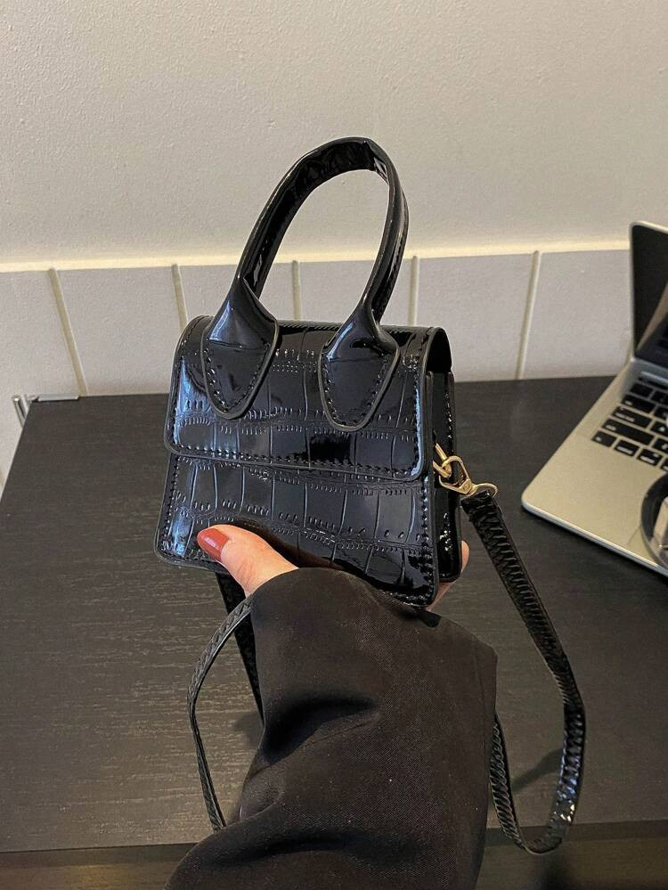 Mini Square Bag Crocodile Embossed Black Flap For Daily | SHEIN