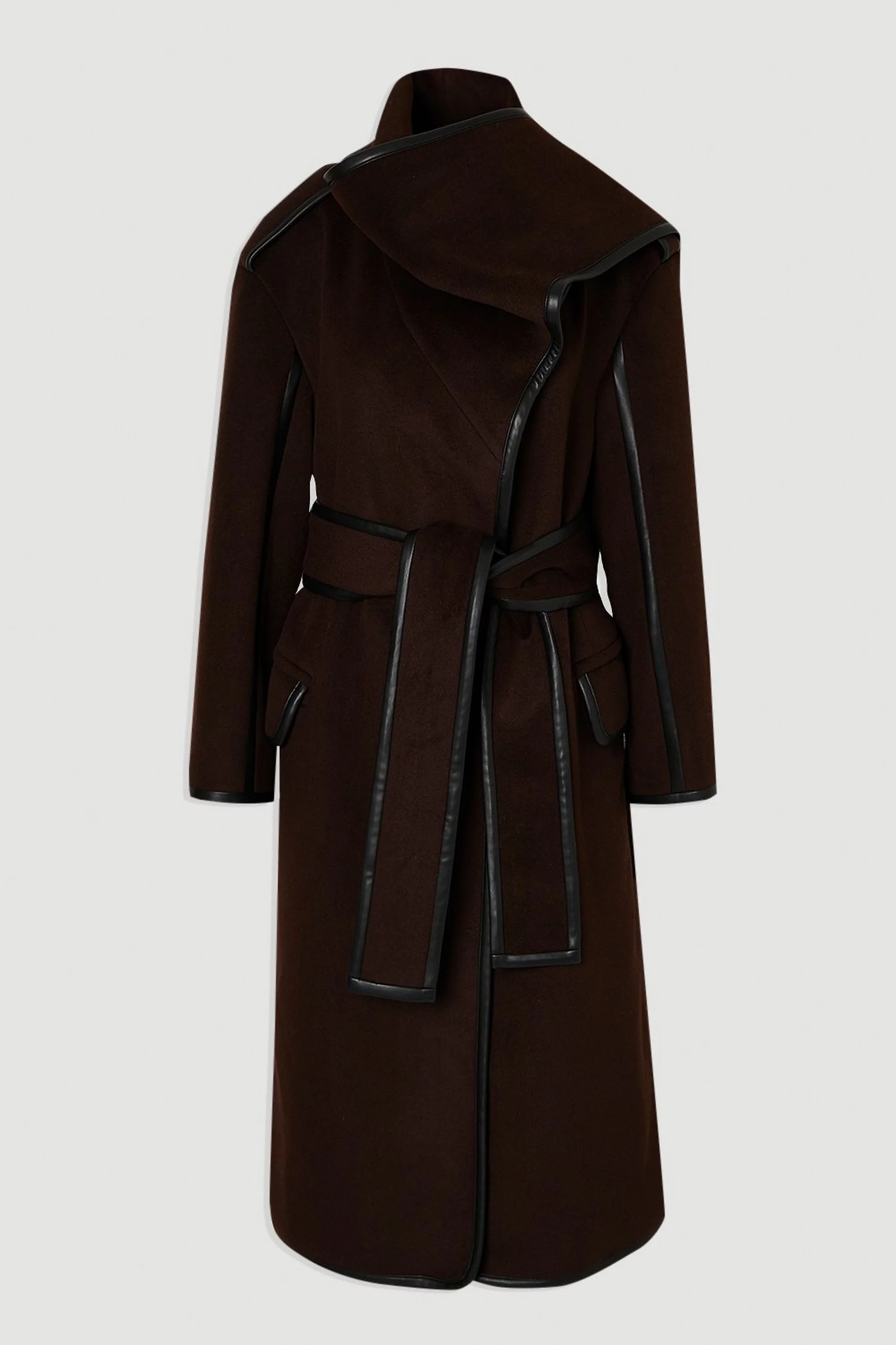 Brushed Wool Pu Mix Scarf Neck Belted Tailored Maxi Coat | Karen Millen UK + IE + DE + NL