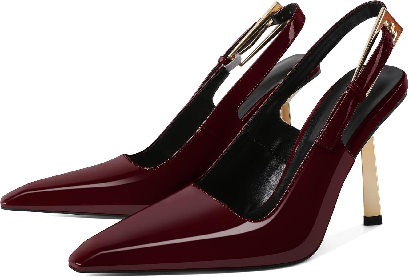 Eldof Slingback Heels for Women Metallic Buckle Square Toe Slip On Gold Stilettos High Heel Pumps... | Amazon (US)