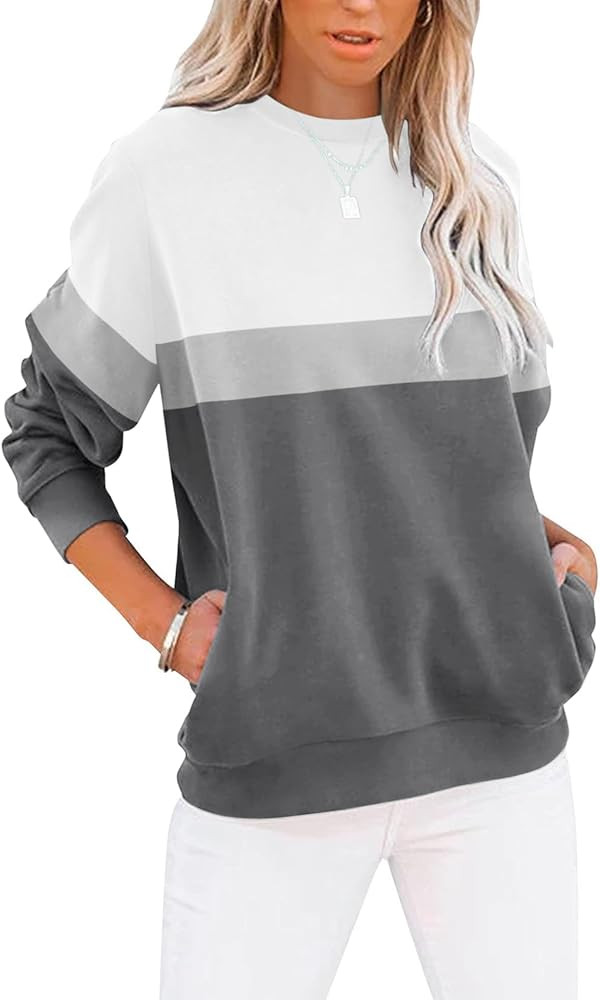 TICTICMIMI Women's Casual Long Sleeve Color Block/Solid Tops Crewneck Sweatshirts Cute Loose Fit ... | Amazon (US)