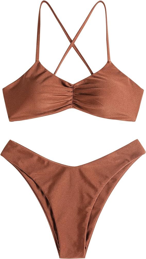 ZAFUL Women 2 Piece Swimsuit Sexy Spaghetti Straps Swimwear Seft Tie Ruched Sparkle Triangle Biki... | Amazon (US)