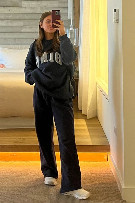 sweats are onesize, wearing XS in crewneck