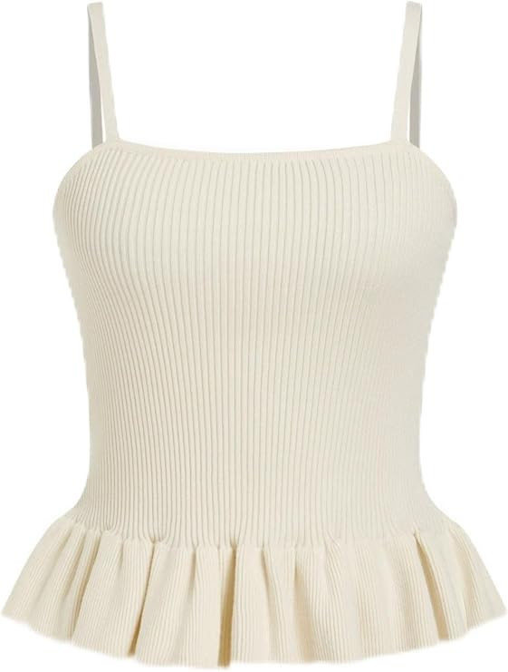 CIDER Striped Crop Tank Tops for Women Sleeveless Square Neck Ruffle Knit Peplum Tops Summer Vaca... | Amazon (US)