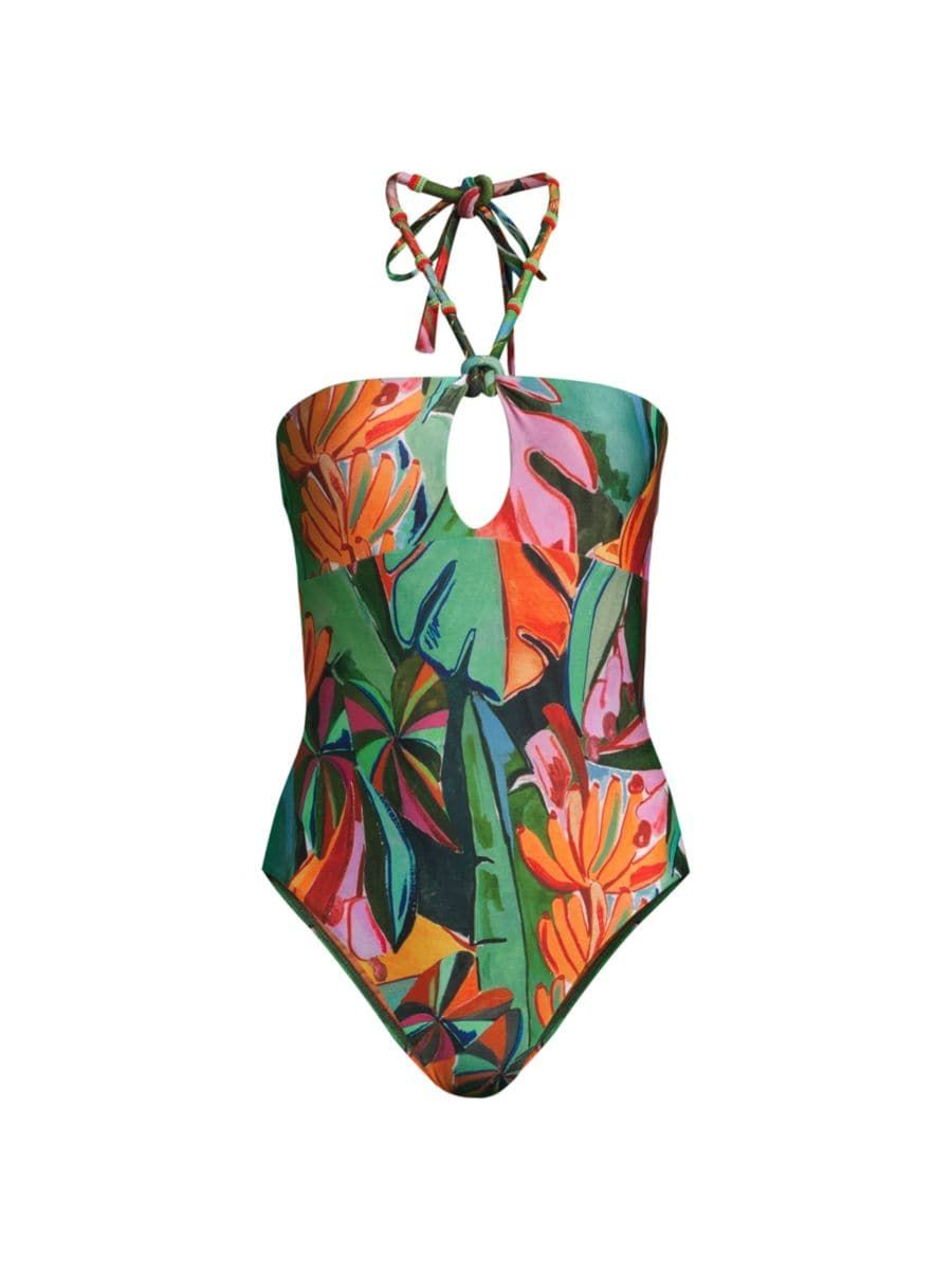 Farm Rio Banana Foliage Halter One-Piece Swimsuit | Saks Fifth Avenue