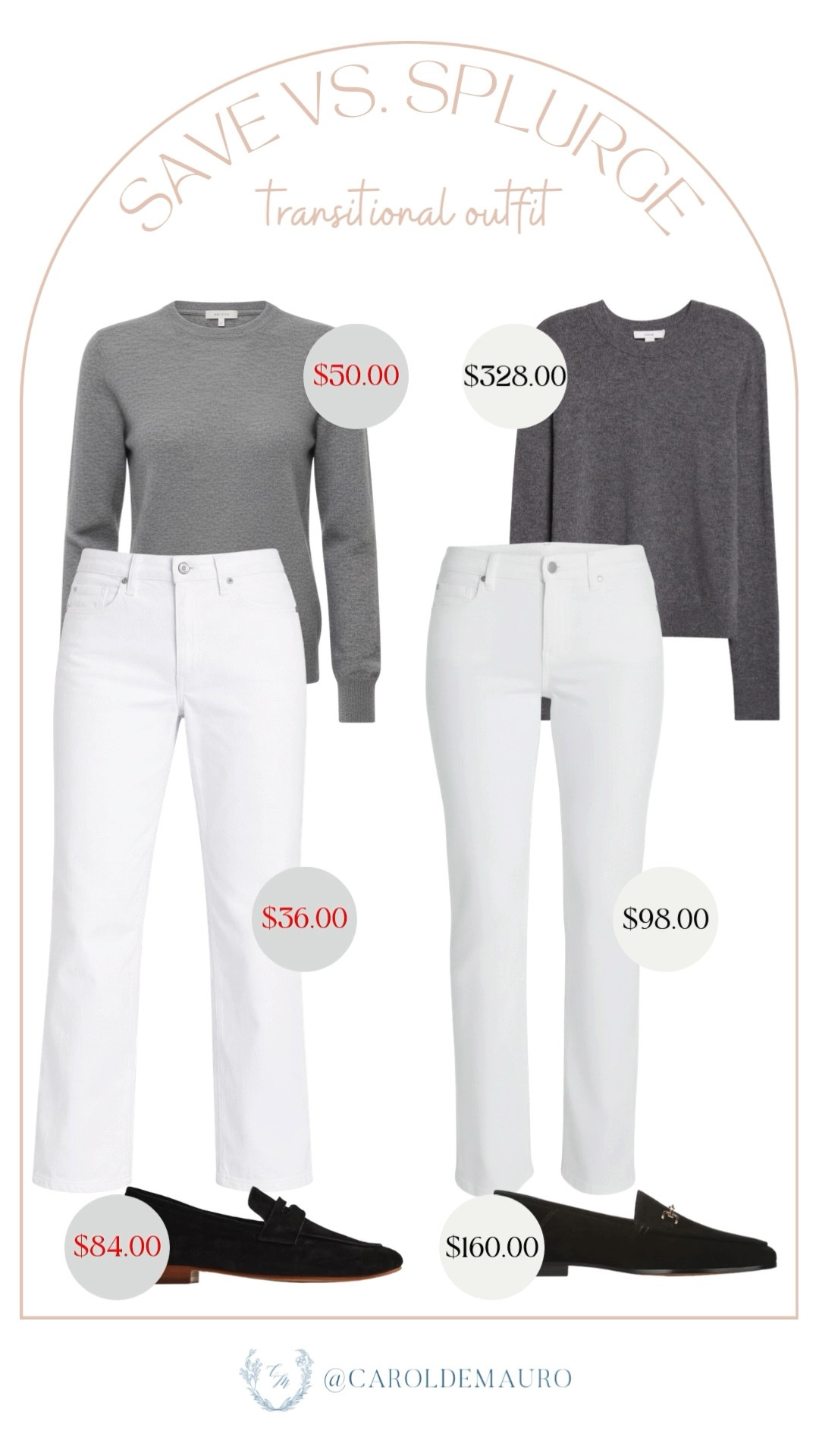 Recreate this effortless transitional outfit through a budget-friendly save or a high-end splurge! Whether you go for the affordable grey sweater and white jeans or the premium investment pieces, you’ll be ready for the season in style.

save vs splurge, minimalist style, casual outfit, work to weekend, clean girl aesthetic, affordable alternatives, sweater weather, spring fashion

#LTKSaleAlert #LTKSeasonal #LTKU