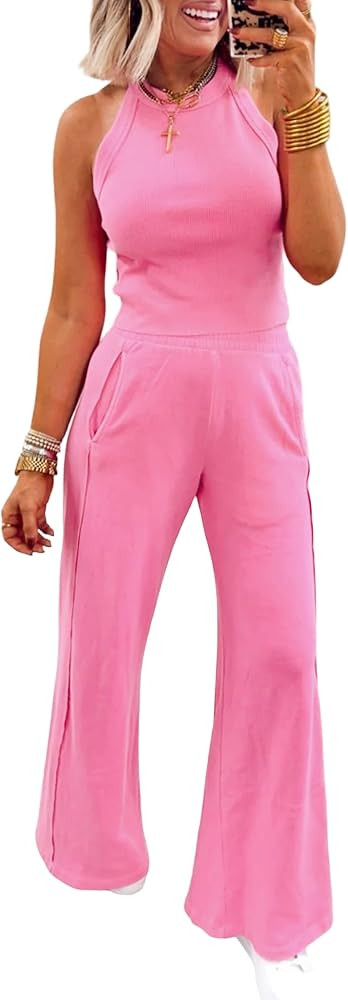 Womens 2 Piece Outfits Slim Ribbed Cropped Tank Top and Wide Leg Sweatpants Sets Tracksuits | Amazon (US)