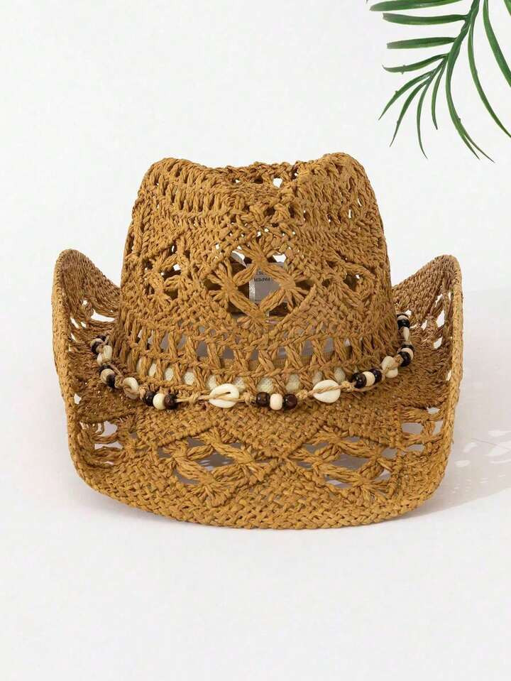 1pc Boho Shell Hollow Out Straw Sun Hat, Western Cowgirl Beach Hat, Suitable For Mother's Day, Easter, Vacation, Photo Shoot | SHEIN