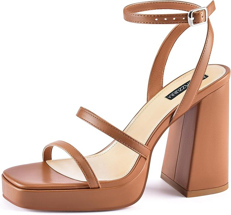 MIRAAZZURRA Platform Strappy Heel Sandals Square Open Toe Two Strap Chunky High Heeled Sandals wi... | Amazon (US)