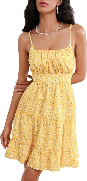 Floerns Women's Swiss Dots Sleeveless Ruched Bust Ruffle Hem Cami Short Dress | Amazon (US)