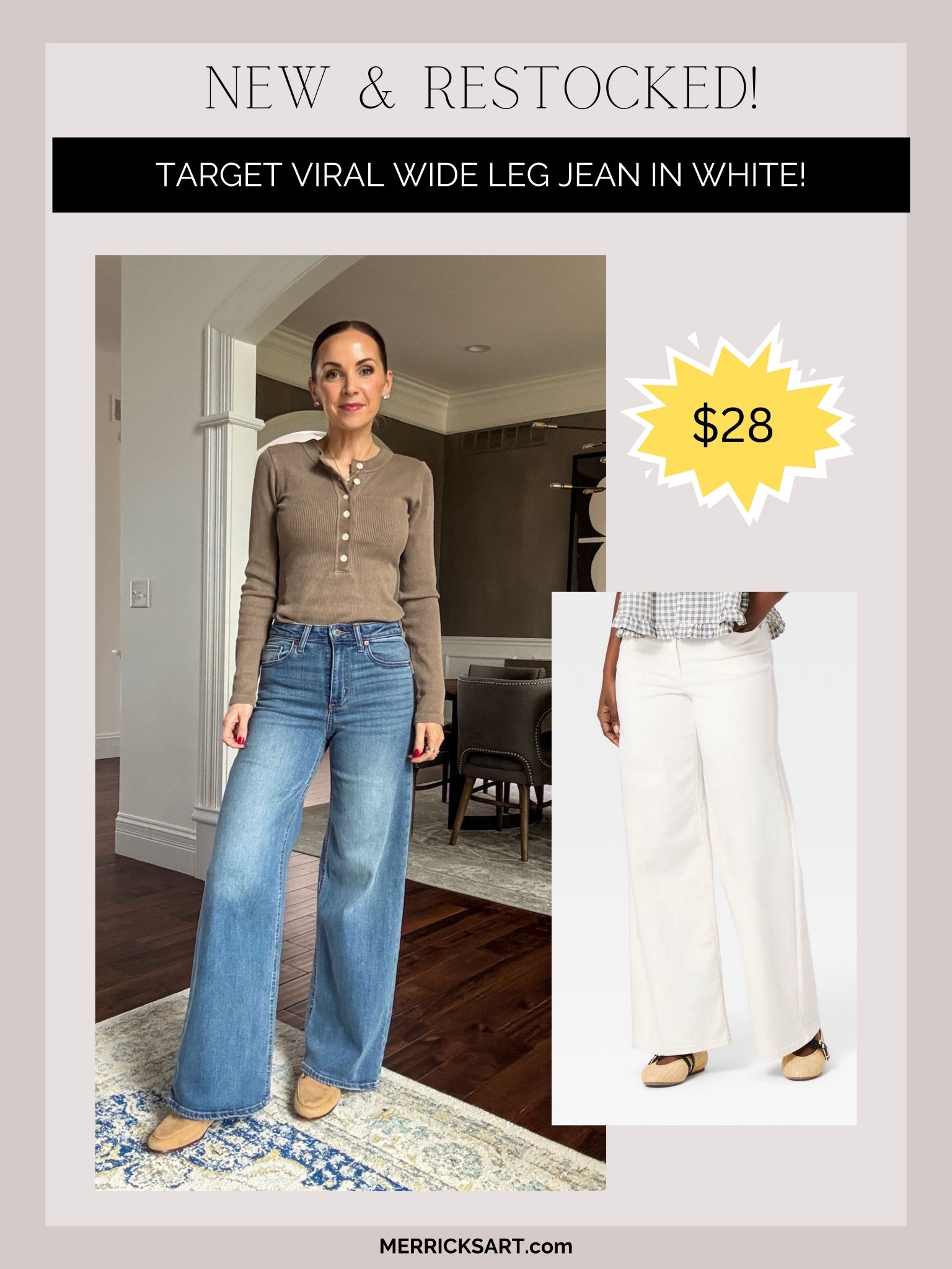 Back in stock!!! These follower favorite wide leg jean is now in a beautiful white color. They released them about a week ago and sold out SO fast. But they’re back and fully stocked! Grab them before they sell out again. They are so good!