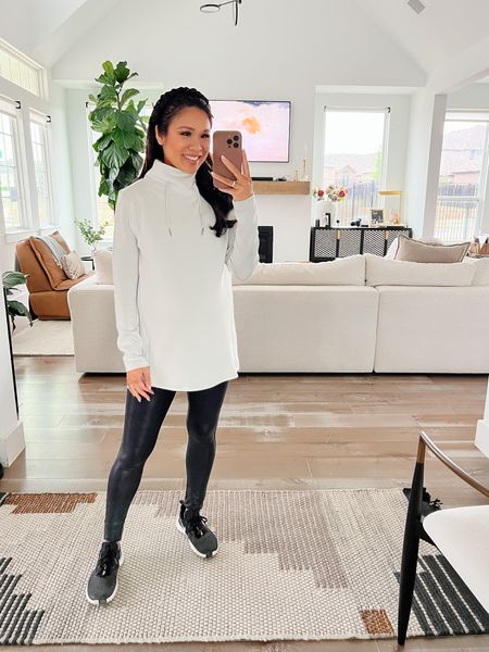 Athleisure outfit from Spanx. Use code HKCUNGXSPANX for 10% off site wide. Wearing the faux leather maternity leggings and sized up one size for extra comfort. Wearing size S in the pullover, too  

#LTKbump #LTKstyletip