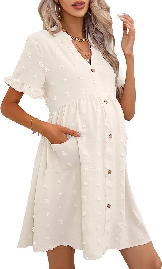 KOJOOIN Maternity Swiss Dot Dress Summer V Neck Short Sleeve Button Down Mini Dress Baby Shower P... | Amazon (US)