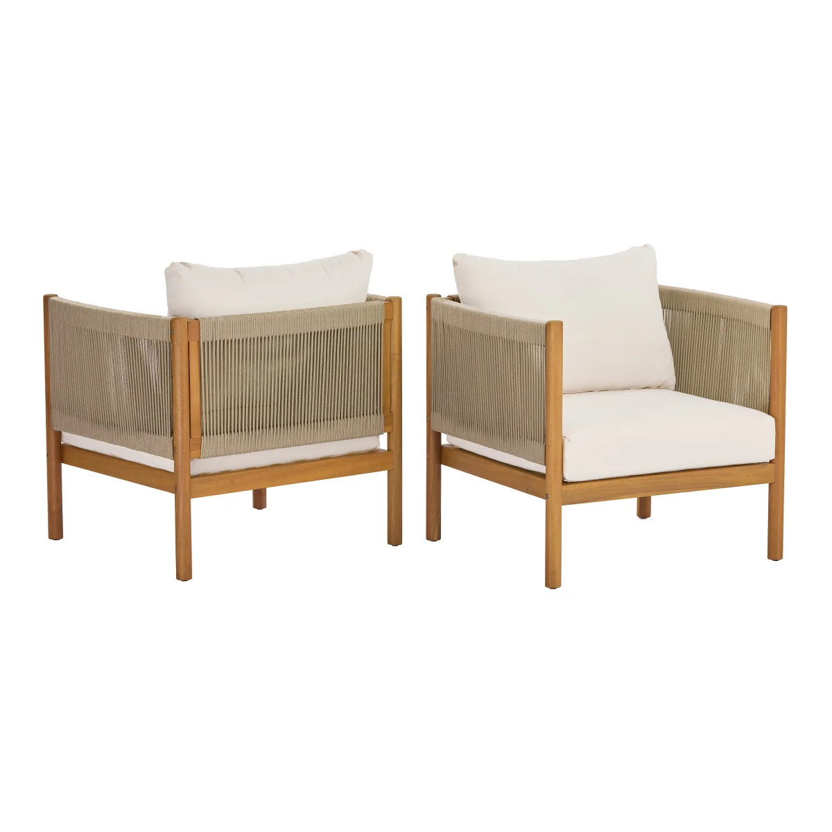 Outdoor Club Chair Set Of 2 With Acacia Wood Frame In Teak Look, Beige Rope Panels And Cream Cushions | Wayfair North America