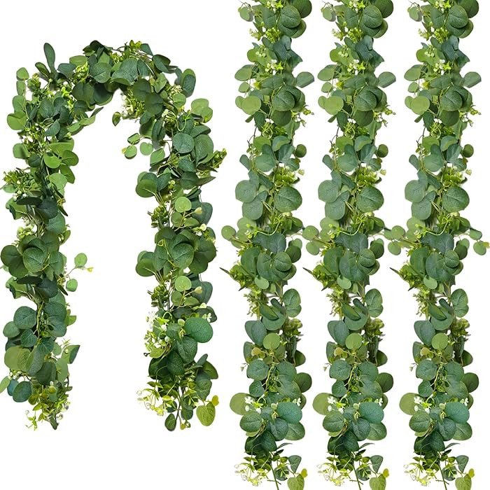 4 Packs 5.74 Ft Artificial Eucalyptus Garland Leaves with Flowers Artificial Fake Greenery Hangin... | Amazon (US)