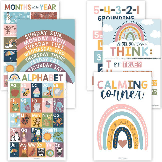 Hadley Designs | 16-Piece Laminated Boho Rainbow Prek & Kindergarten Posters 8-Piece Calming Corner Posters, Multicolors | Maisonette | Maisonette