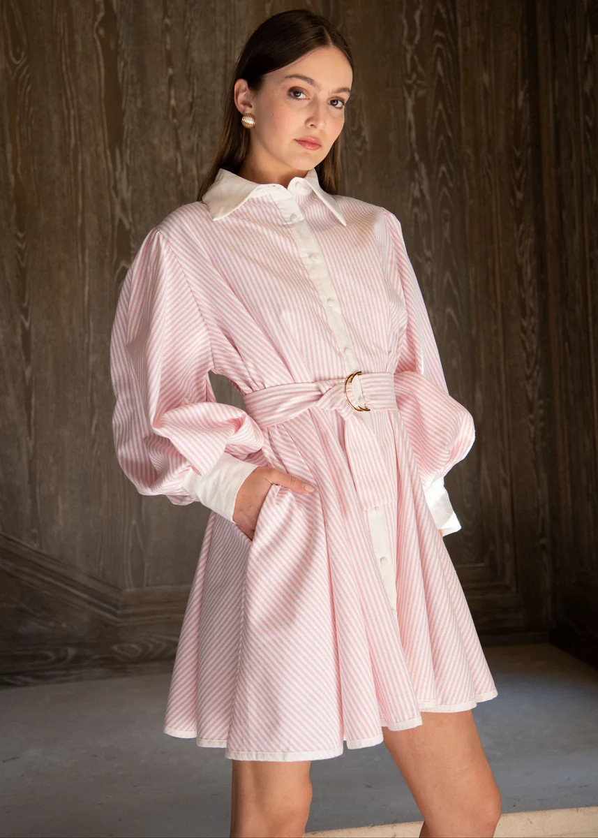 Sherry Striped Button Up Belted Long Sleeve Mini Dress - Pink | Benaar La