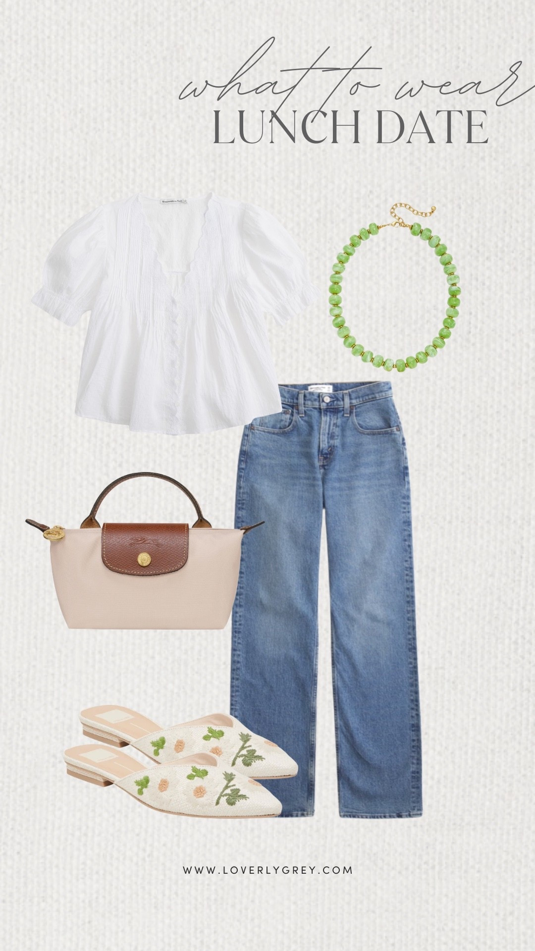Loverly Grey, what to wear for a lunch date. I am loving this white top from Abercrombie paired with high rise denim jeans. Complete the look with a beaded green necklace, embroidered flats, and a long champ bag! Loverly Grey, what to wear, lunch date

#LTKSeasonal #LTKgrwm #LTKootd