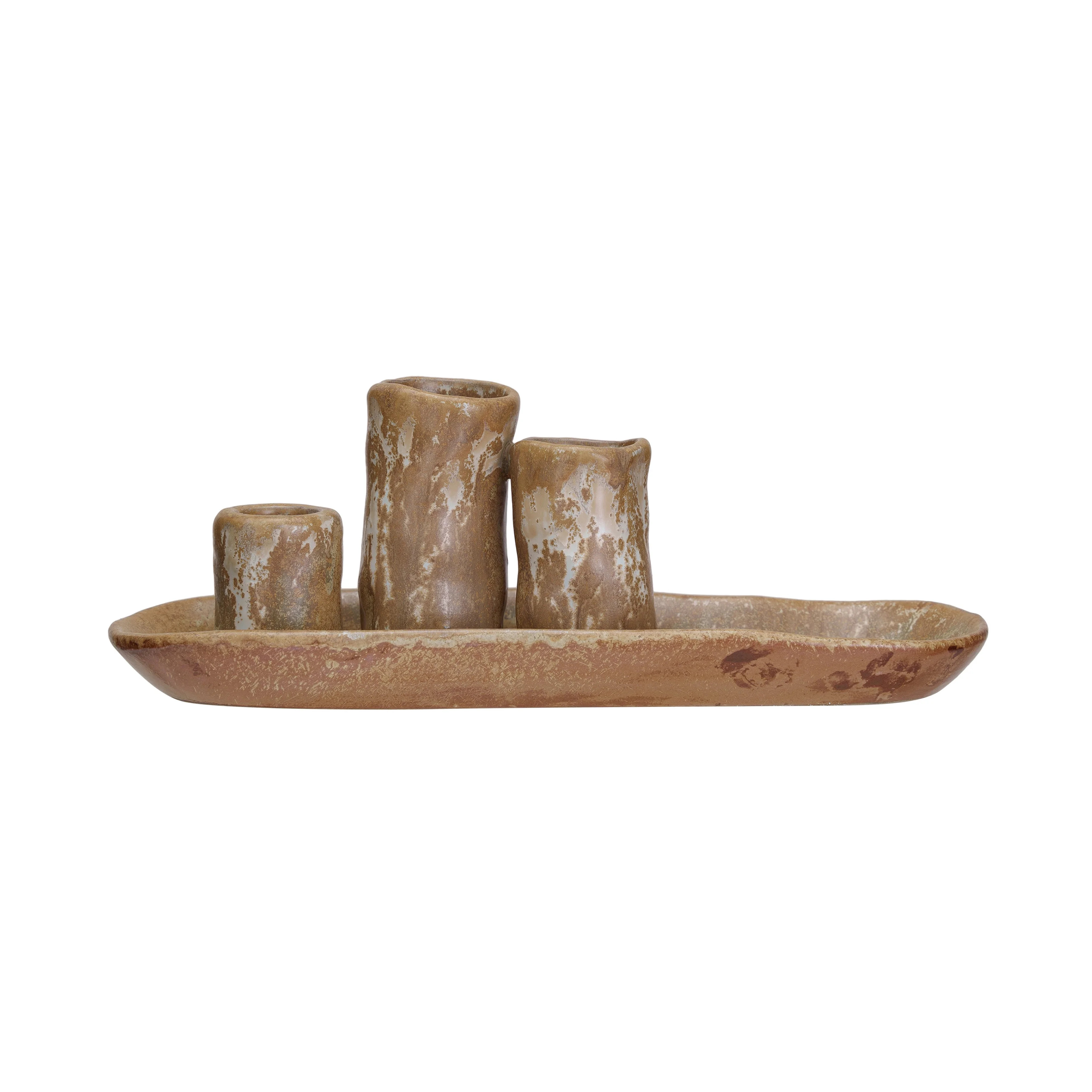 Creative Co-Op Stoneware Vases and Candle Holder on Tray, Brown | Walmart (US)