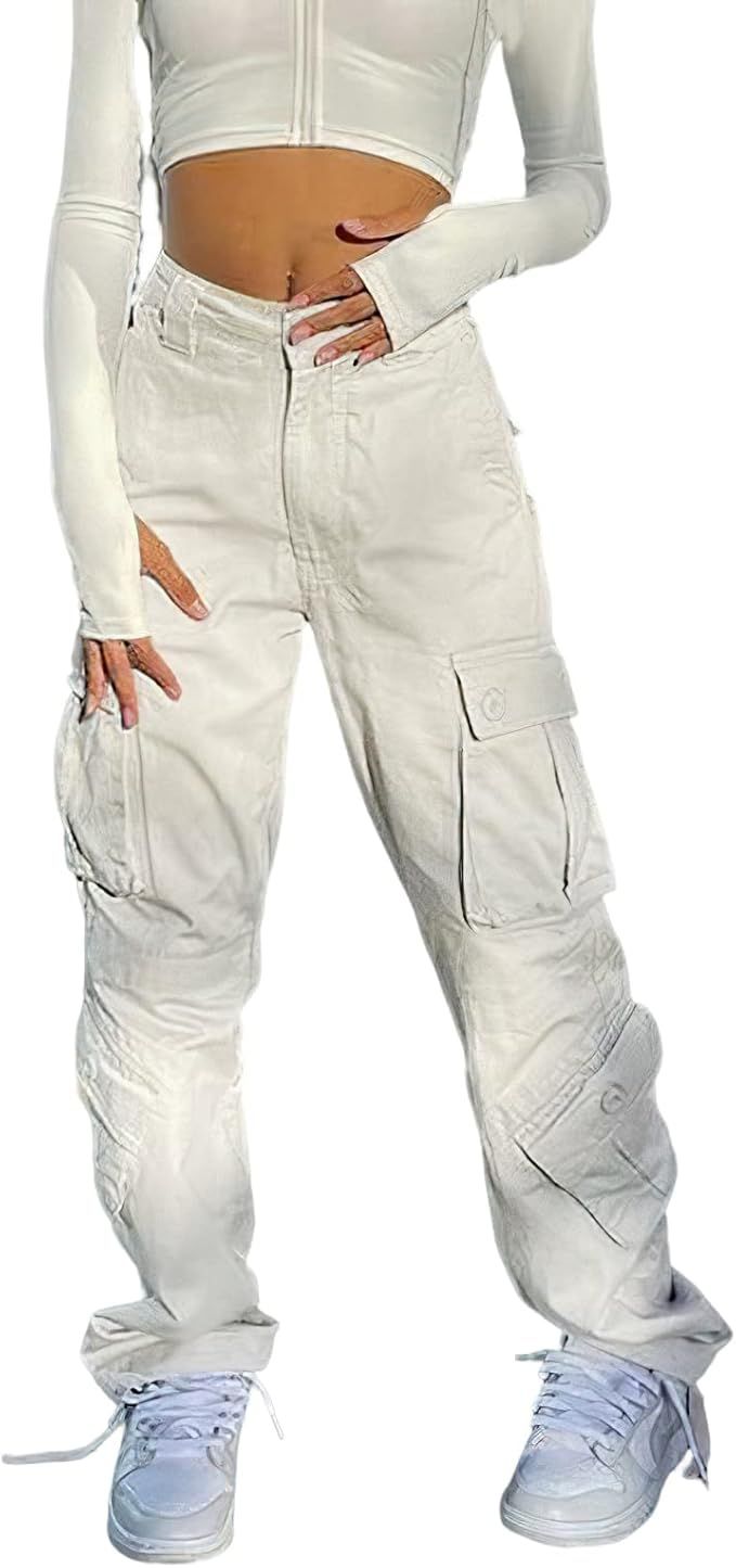 Women's Y2K High Rise Baggy Straight Leg Cargo Pants Streetwear Casual Boyfriend Trousers with Po... | Amazon (US)