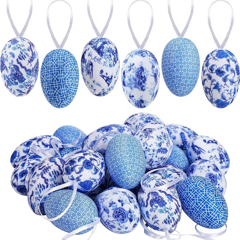 Wenqik 24 Pcs Easter Hanging Egg Chinoiserie Blue and White Easter Egg Ornament Easter Tree Ornam... | Amazon (US)