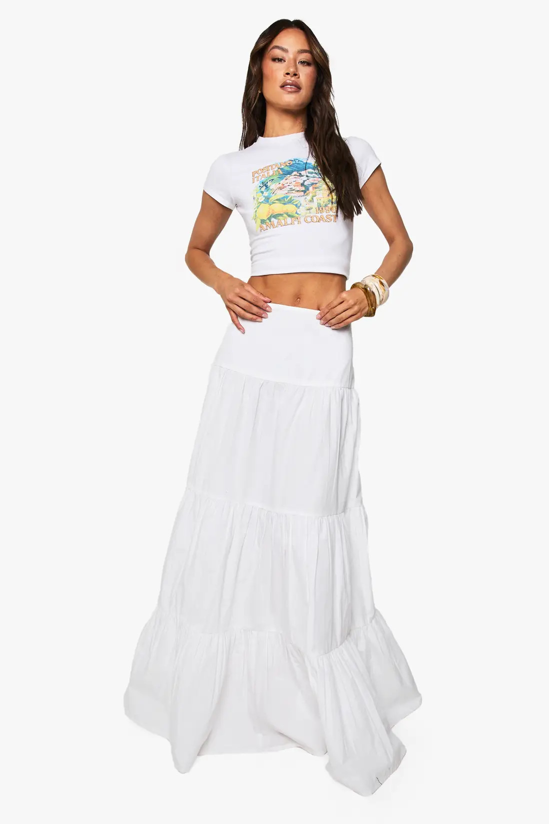 White Tall Cotton Poplin Tiered Maxi Skirt | Boohoo USA | boohoo (US & Canada)
