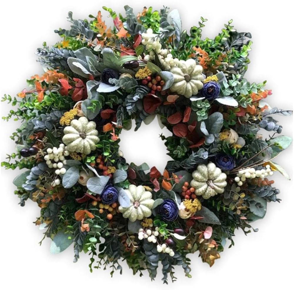 Farmhouse Autumn Wreath, Fall Wreath with Colorful Simulation Eucalyptus & Pumpkins, Rustic Fall ... | Amazon (CA)