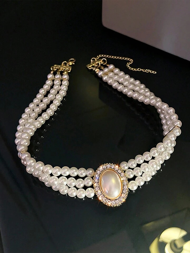 1pc Vintage Pearl & Rhinestone Pendant Necklace, Fashionable Collarbone Chain For Women, Suitable... | SHEIN