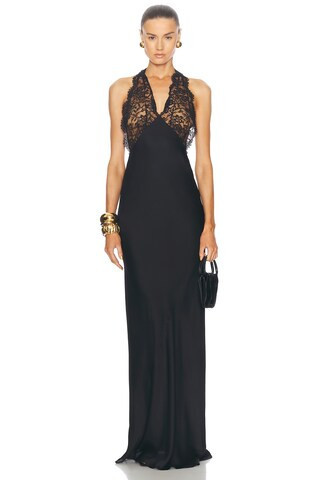 Saint Laurent Lace Bodice Long Dress in Noir - Black. Size 40 (also in ). | FWRD 
