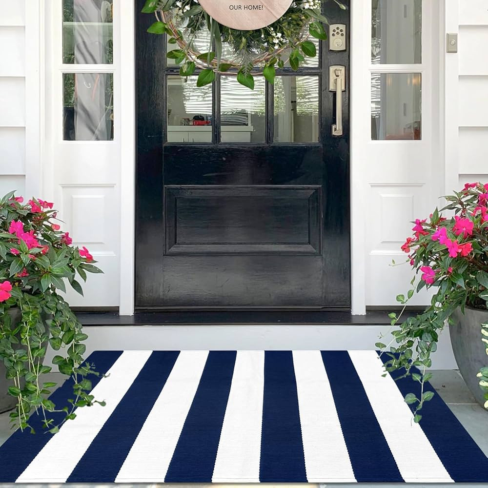 IOHOUZE Navy White Striped Rug -3x5 Front Door Mats Outdoor,Washable Rug for Front Porch Decor,Sp... | Amazon (US)