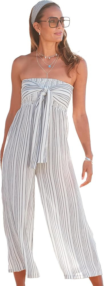 LASCANA Women's Strapless Tie Front Culotte Jumpsuit - Smocked Top, Breezy Stripe Print, Wide-Leg... | Amazon (US)