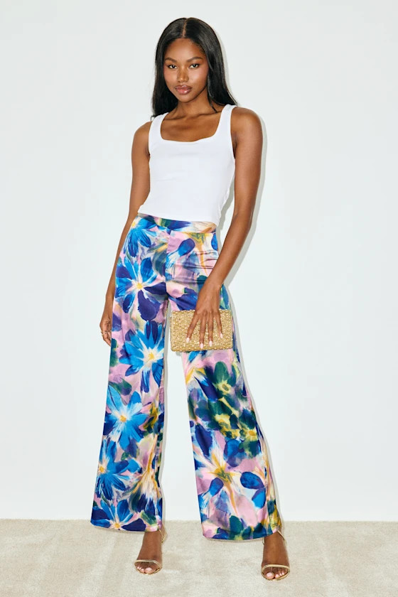 Thriving Vibes Blue Floral Print Satin Wide-Leg Pants | Lulus