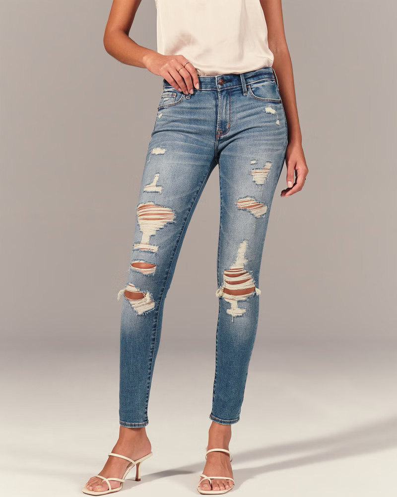 Ripped Mid Rise Super Skinny Jeans | Abercrombie & Fitch (US)