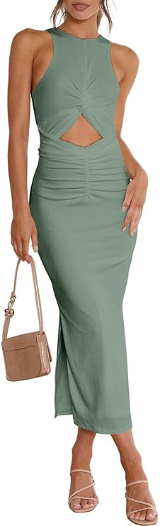 ANRABESS Womens Summer Sexy Cutout Sleeveless Dress 2024 Resort Wear Bodycon Side Slit Twisted Ri... | Amazon (US)